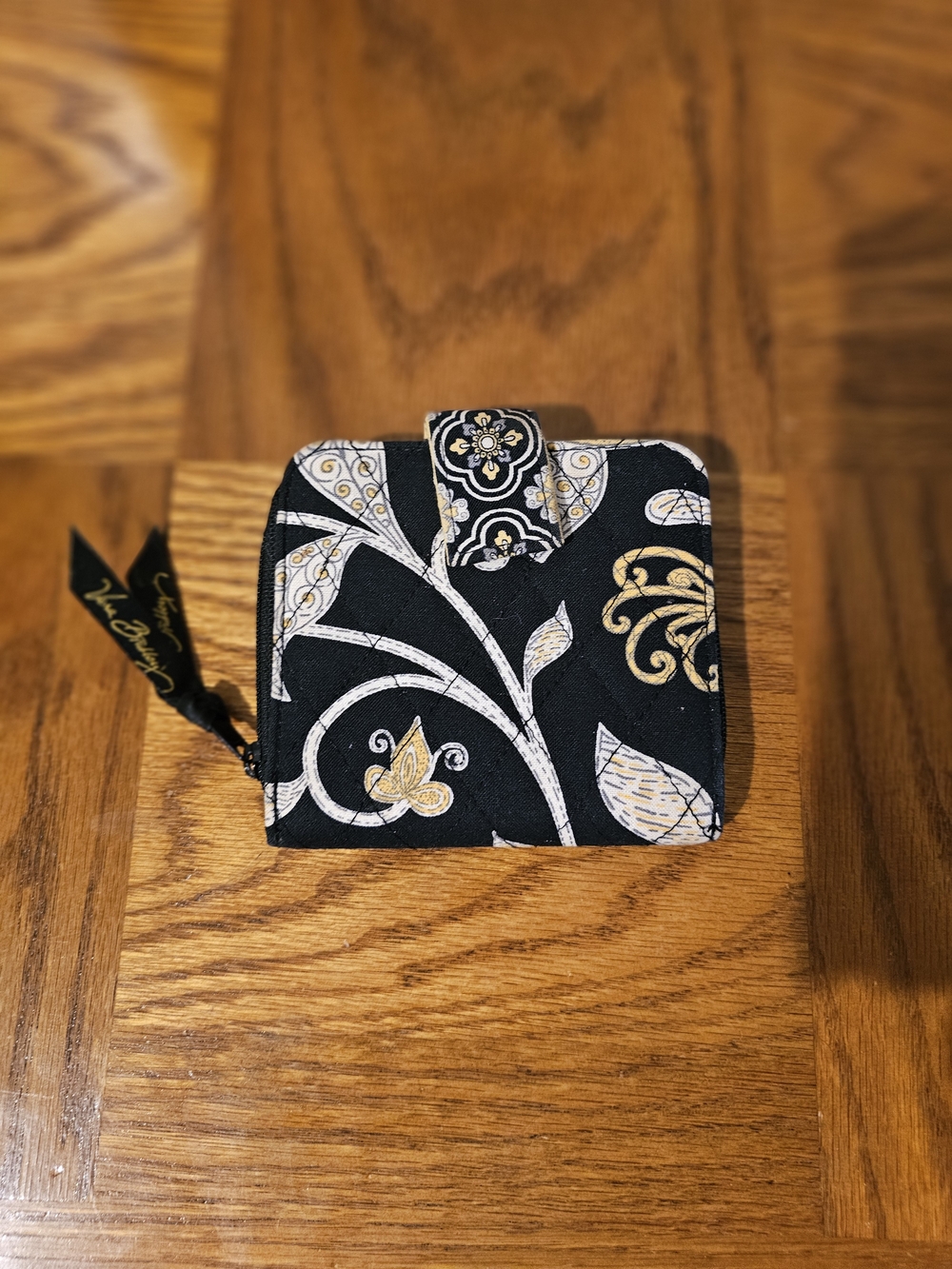 Vera Bradley Black Quilted Floral Zip Wallet with Cream & Gold Accents